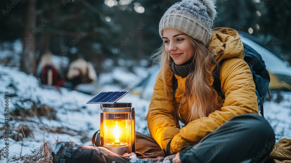 woman in a yellow outfit and winter hat with a sustainable solar lamp, emphasizing outdoor tourism, adventure in nature, and connection with the environment in a snowy forest