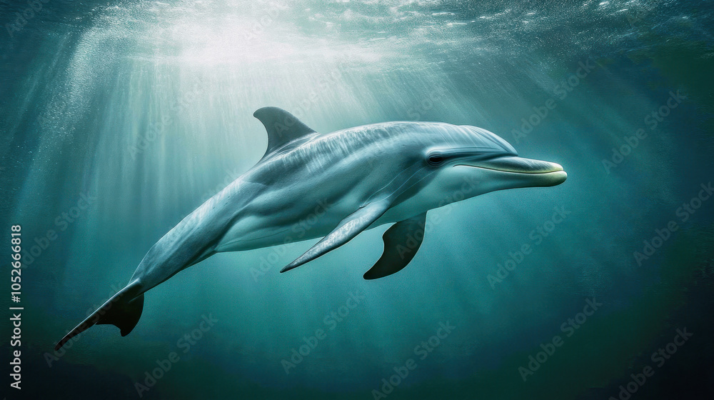 A dolphin gracefully swims underwater in a sunlit ocean environment, showcasing its agility and beauty in the clear blue waters A dolphin gracefully swims underwater in a sunlit ocean environment, showcasing its agility and beauty in the clear blue waters
