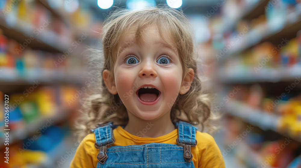 Surprised delighted face of a child against the background of shelves with many toys. Girl in a toy store. Emotional portrait of a kid. Childhood. Surprised delighted face of a child against the background of shelves with many toys. Girl in a toy store. Emotional portrait of a kid. Childhood.