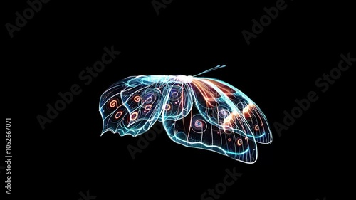 3d. Neon, bright abstraction - butterfly pallet on a black background, side view.