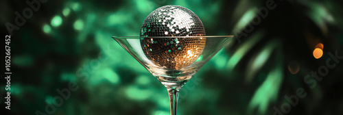 Mini disco ball in martini glass on emerald green background. Cocktail party, disco concept. Modern template banner for New Year cards, Christmas holidays, birthday and club events with place for text photo