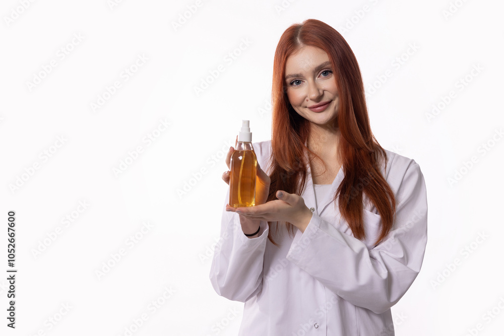 A Professional Skincare Model is Skillfully Showcasing a Serum While Wearing a Lab Coat A Professional Skincare Model is Skillfully Showcasing a Serum While Wearing a Lab Coat