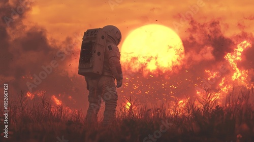 In this digital art, illustration painting, futuristic concept, sci-fi adventure piece, an astronaut confronts a giant monster in a fiery frontier landscape photo