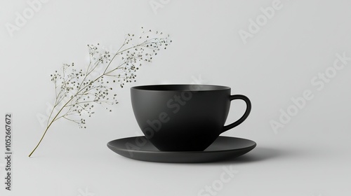  Black coffee cup & saucer on white background with twig stick