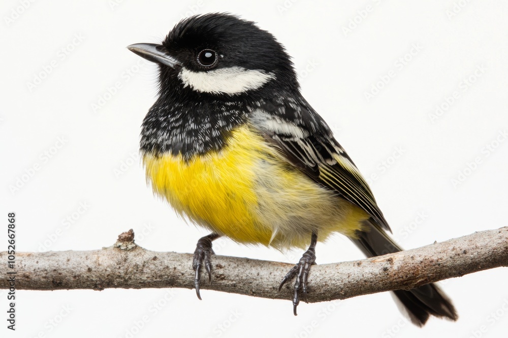 Naklejka premium Vibrant black and yellow bird perched on a twig. National Bird Day