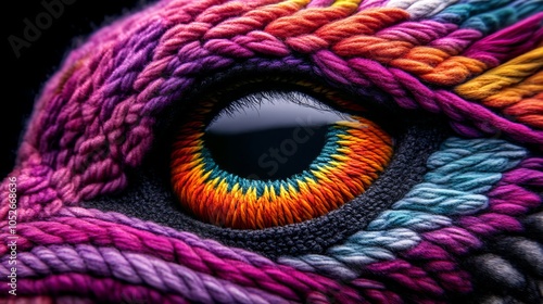 Close-up of a colorful yarn eye, showcasing intricate details and vibrant hues.