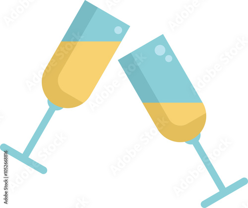 Two champagne flutes are clinking together in celebration with a white background