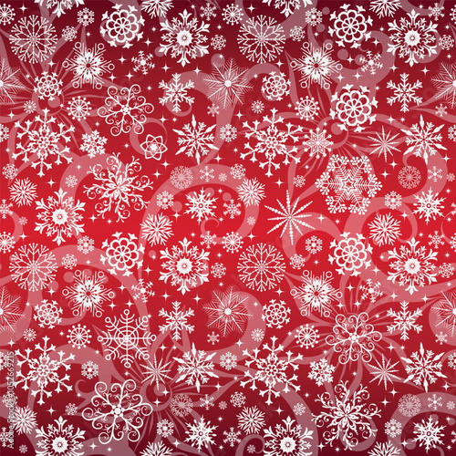 Vector seamless Christmas hand drown pattern with white snowflakes and stars on a red gradient background