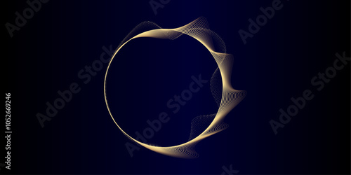 Abstract circle wave lines, gradient light equalizer gold wavy curve. Flowing dots particles round frame isolated on black background. Editable stroke. Luxury vector illustration with copy space