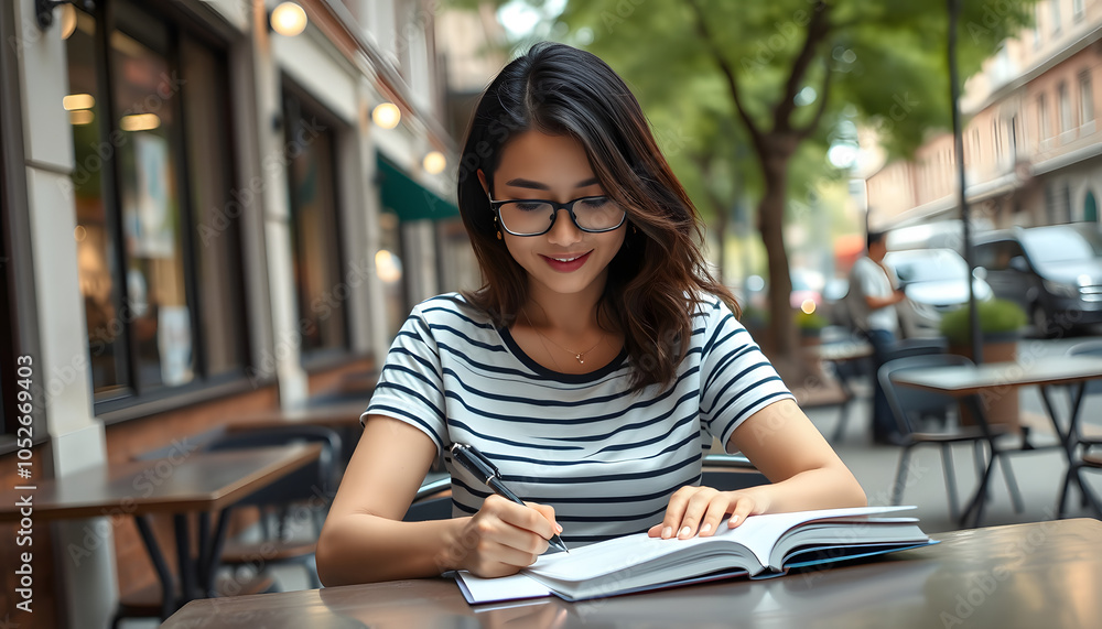 Fototapeta premium Photo of adorable sweet lady wear striped t-shirt sitting cafeteria writing copybook outdoors urban city street isolated with white highlights, png