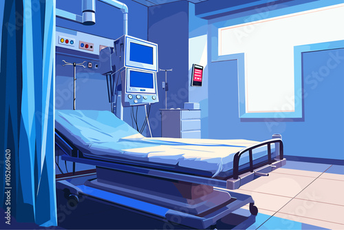 Interior of an empty hospital surgery room. Bed medical equipment empty wall. Hospital emergency reanimation. Indoor clinic. Treatment therapy health design backdrop background. Cartoon style vector