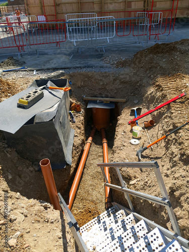 Access and egress steps in excavation trench with installed drainage pipes and waterproofing preparation on construction site.