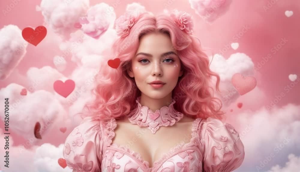 Fantasy Portrait of a Pink-Haired Woman Surrounded by Hearts Fantasy Portrait of a Pink-Haired Woman Surrounded by Hearts