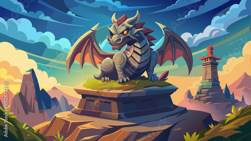 Majestic dragon statue sits atop a rocky pedestal under a vibrant sky in a fictional fantasy landscape