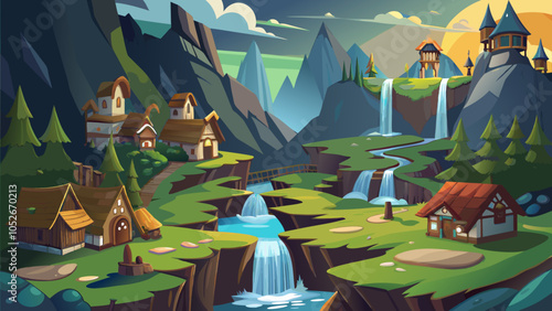 A serene fantasy landscape with quaint cottages, lush greenery, and cascading waterfalls at sunset