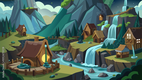 Charming village nestled in mountains with flowing rivers and waterfalls at twilight