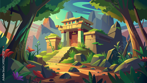 Exploring an ancient temple surrounded by lush greenery and vibrant flora in a mountainous landscape during daylight