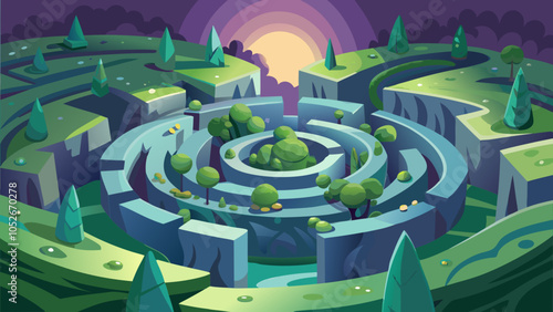 A colorful, enchanted maze surrounded by lush greenery and trees at sunset in a serene fantasy landscape
