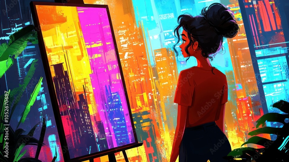 Naklejka premium Girl gazing at the city, holding a canvas. Inspiration, creativity, urban art.