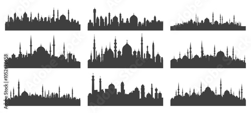 Islamic cityscape with mosque black silhouette borders set. Arabic built structure east asian culture architecture with domes and towers. Black and white simple flat style. Isolated vector on white