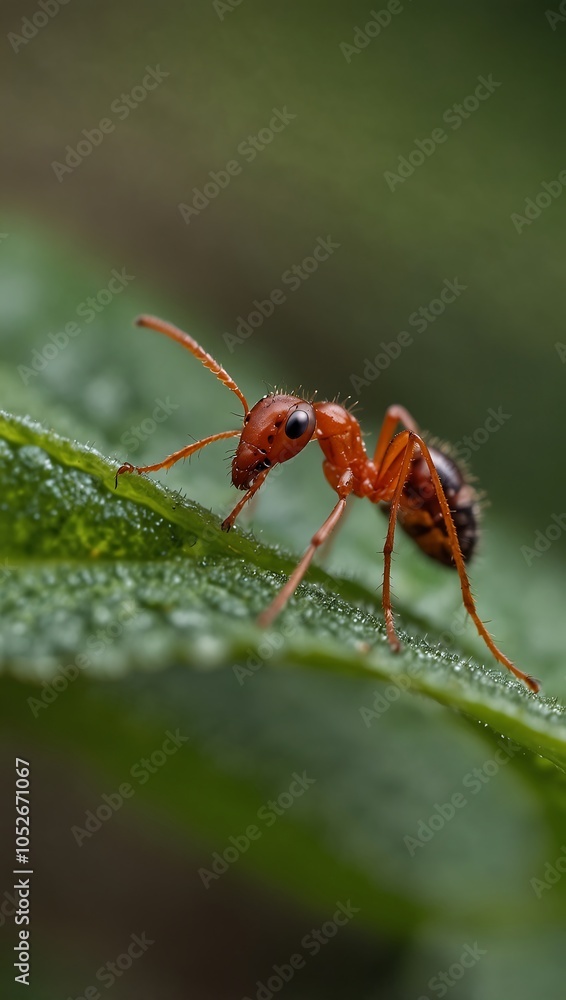 Close-up of a red ant on a green leaf. Close-up of a red ant on a green leaf.