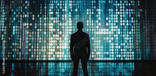 Man Stands Before Digital Binary Code Wall