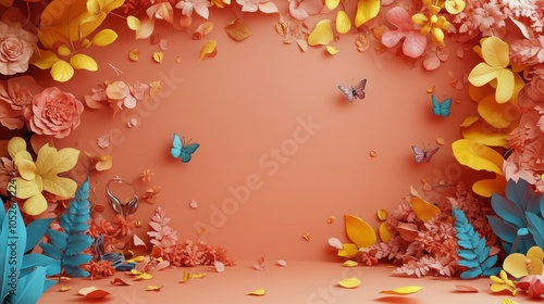 Colorful owl figurine surrounded by autumn leaves on a vibrant orange background