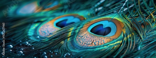 Close Up Of Vibrant Peacock Feathers Partially Submerged In Blue Water