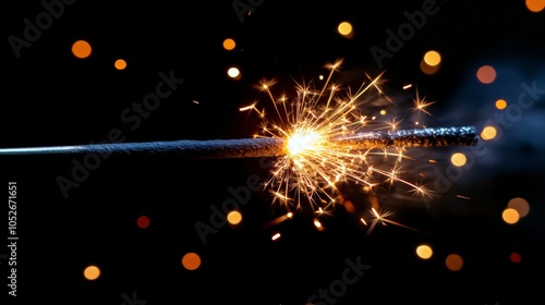 Sparkler creating bright sparks against a dark background during nighttime ce...