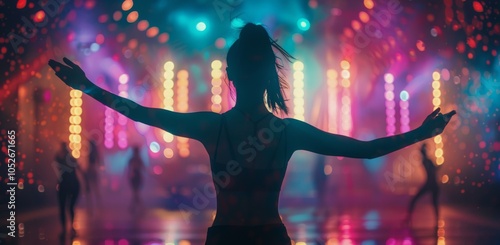 Woman Dancing In Front of Colorful Stage Lights at Night
