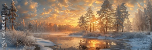 Frosty Pine Trees Reflecting in Frozen River at Sunrise