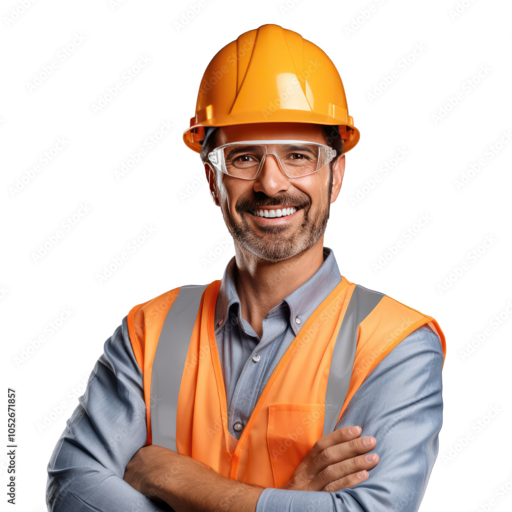 A smiling construction worker wearing a hard hat and safety vest A smiling construction worker wearing a hard hat and safety vest
