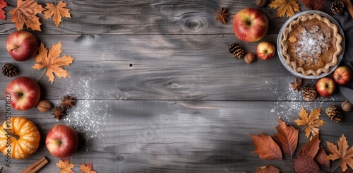 Autumnal Pie and Apples on Rustic Wood