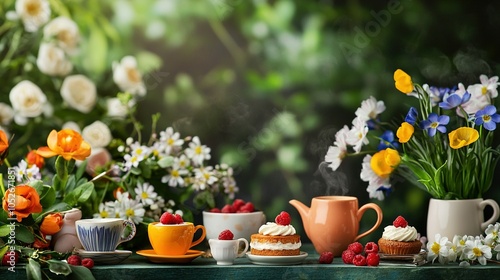 Wallpaper Mural   A vase filled with flowers sits beside a table topped with cupcakes and strawberries Torontodigital.ca