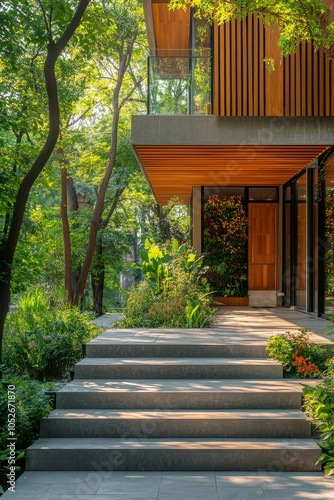 Modern architectural entrance surrounded by lush greenery in the afternoon light