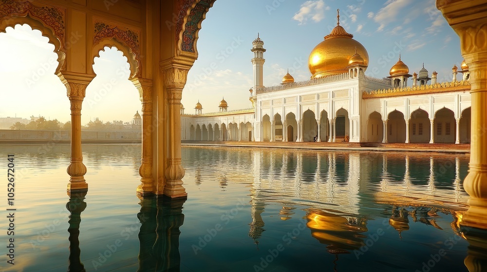 Fototapeta premium Serene Reflection of a Golden Dome in Architectural Splendor