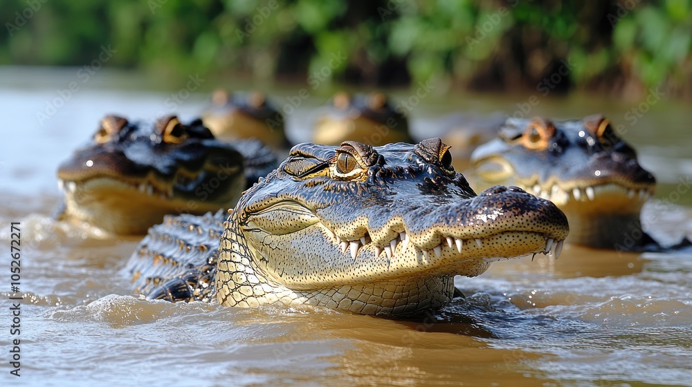 Obraz premium Close-up of a Spectacled Caiman's Head with Other Caimans in the Background