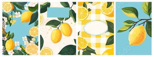 Lemon poster set. Full lemon on the branch yellow checkered pattern citrus with flowers. Place for text. Nature fruit spring summer deciorative card template social media design. Cartoon style vector