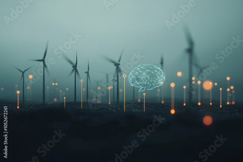 A conceptual image depicting renewable energy with a digital brain amidst wind turbines. photo