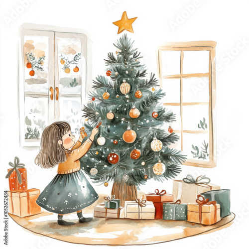 Little girl decorating Christmas Tree with ornaments in a living room. Watercolor illustration. White background.