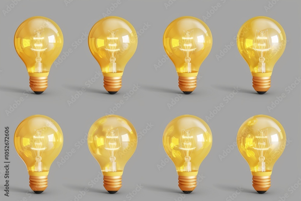 Yellow light bulbs, lamp icon set, lightbulbs isolated, render style minimal light bulbs, creativity idea Yellow light bulbs, lamp icon set, lightbulbs isolated, render style minimal light bulbs, creativity idea