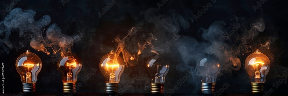 Light bulbs row, burning lamps, smoking, short circuit, power surge with copy space for text Light bulbs row, burning lamps, smoking, short circuit, power surge with copy space for text