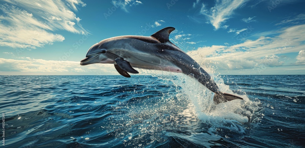 Fototapeta premium Dolphin Leaping From the Ocean Waves on a Sunny Day