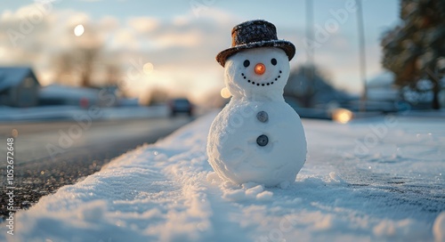 Snowman Standing On A Snow Covered Roadside In Winter