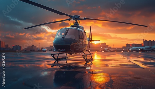Black Helicopter Parked on Wet Runway at Sunset