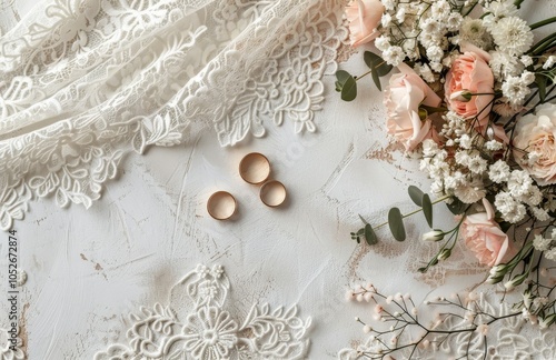 White Lace Fabric and Pink Flowers With Gold Wedding Bands on a White Background