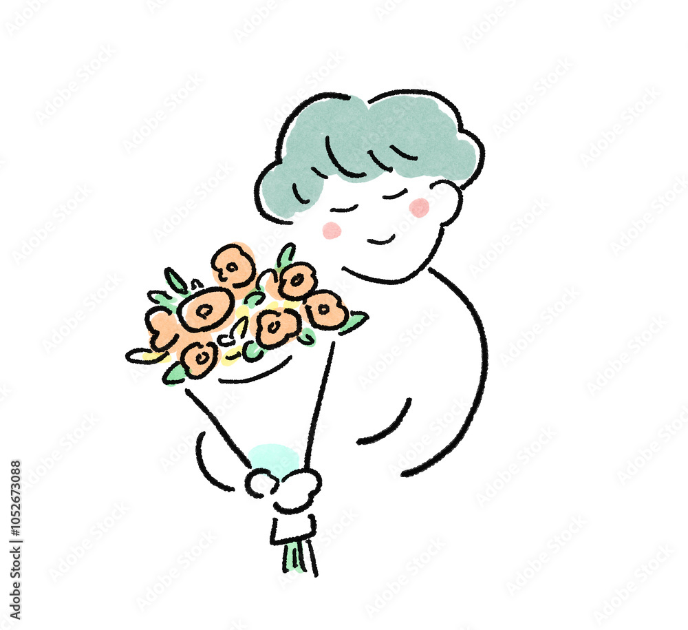 Fototapeta premium 花束を持つ人物のイラスト モノクロ
