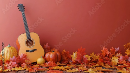 Acoustic guitar surrounded by vibrant autumn leaves in a quiet setting