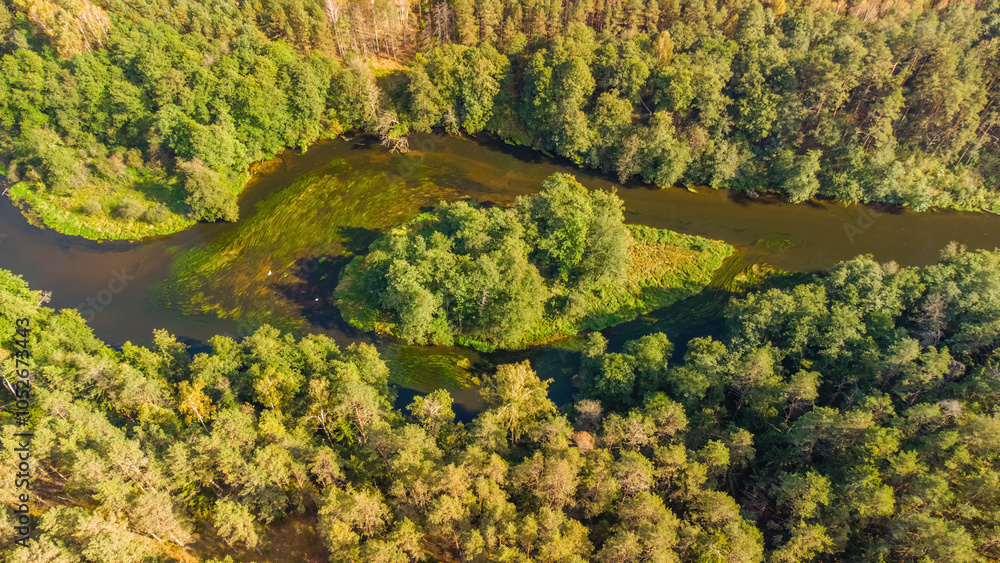 Merkys island of the Lithuanian river, in a wooded environment from above. Merkys island of the Lithuanian river, in a wooded environment from above.