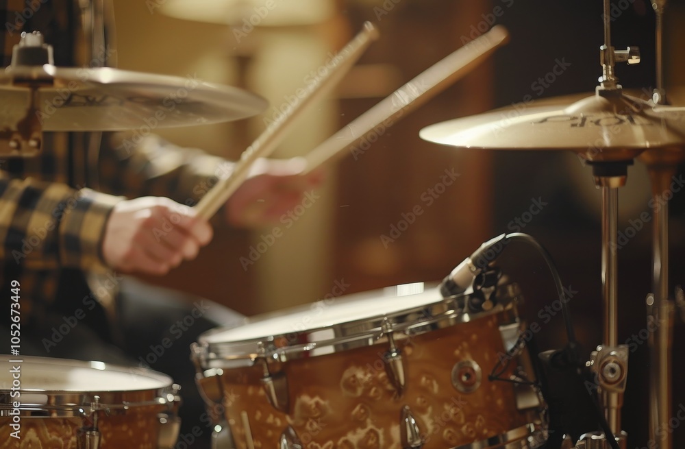 Obraz premium A Drummers Hands Playing a Snare Drum in a Studio